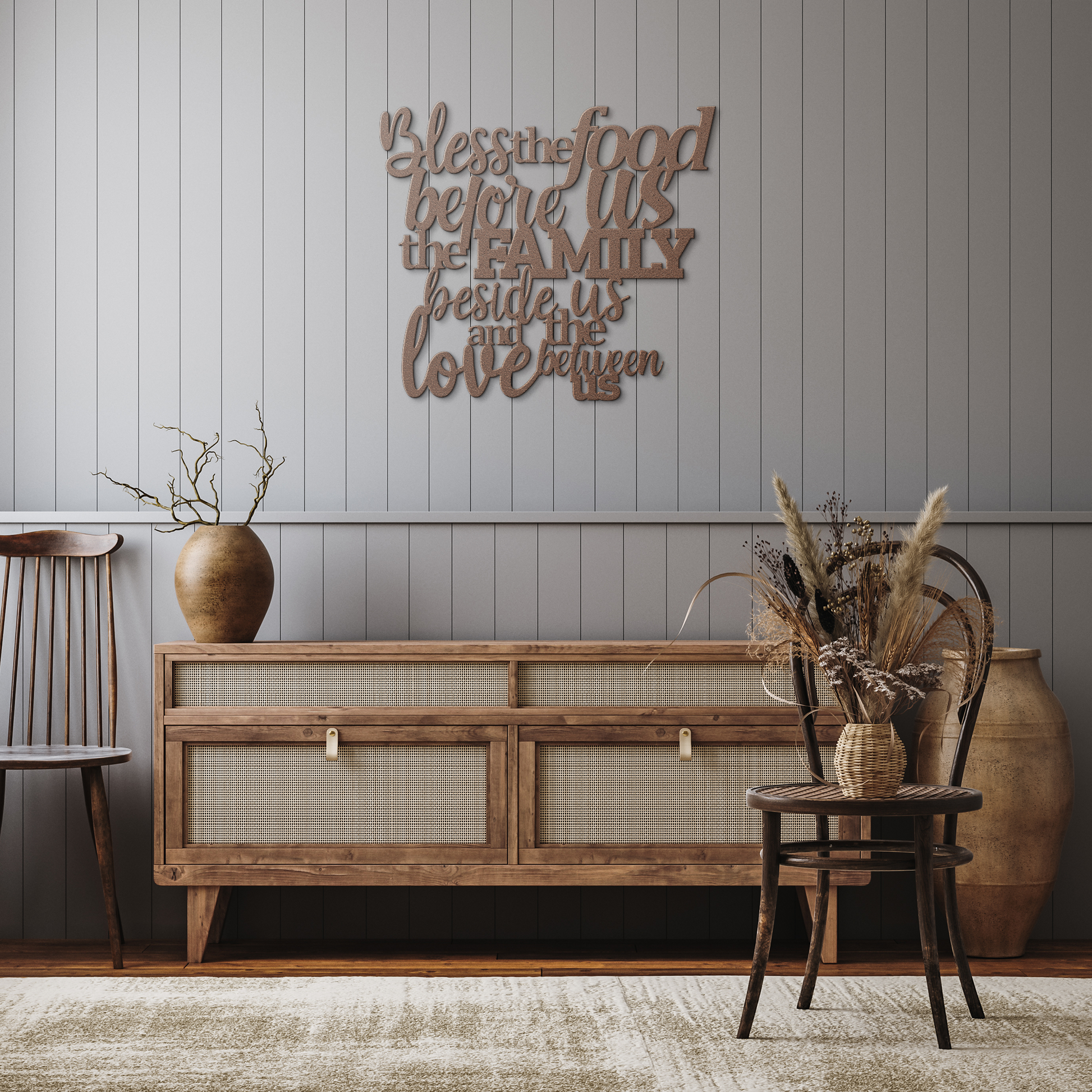 Christian_Metal_Wall_Art_Bless_The_Food_Copper_Rustic_Hallway_Mockup.png