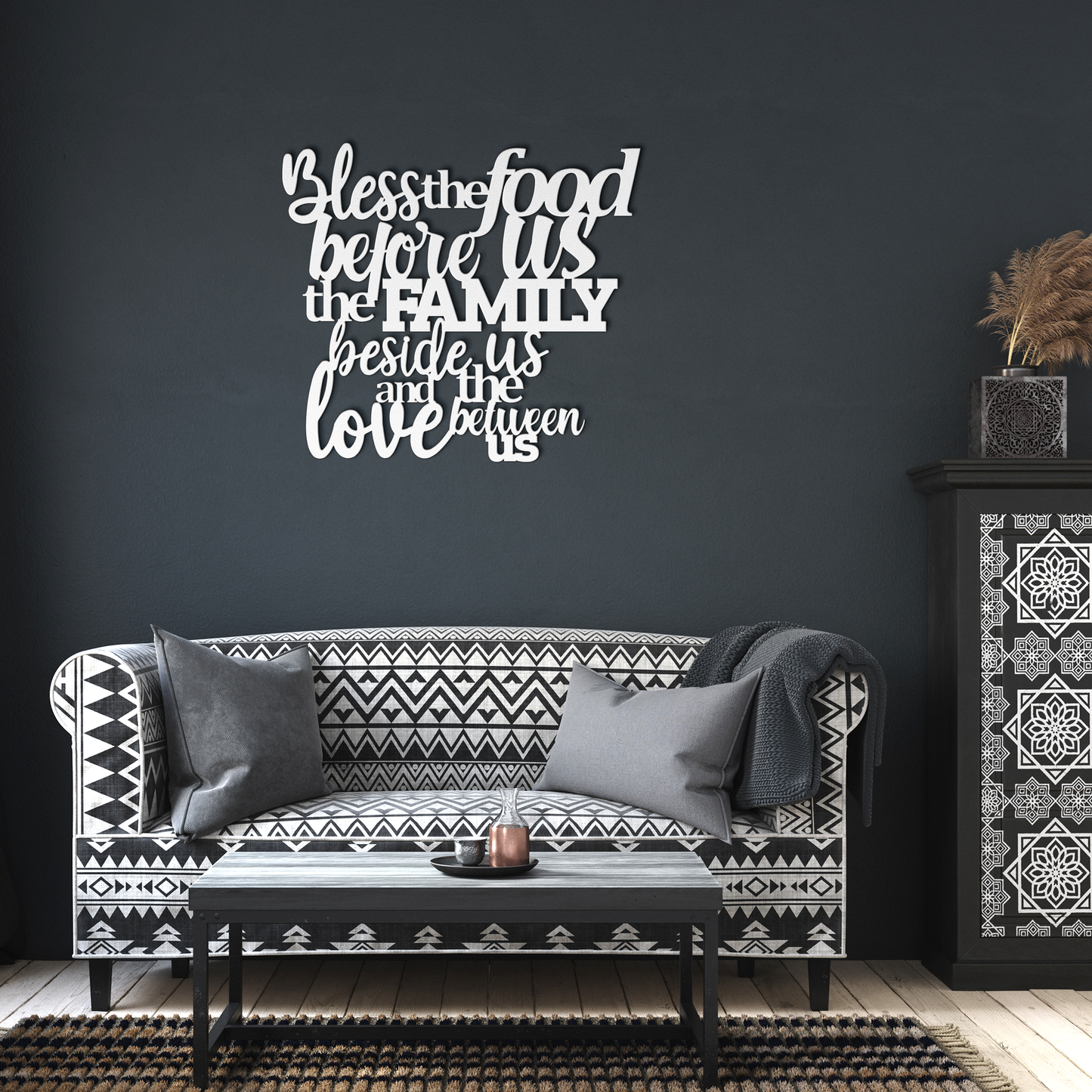 Christian_Metal_Wall_Art_Bless_The_Food_White_Dark_Living_Room_Mockup.png