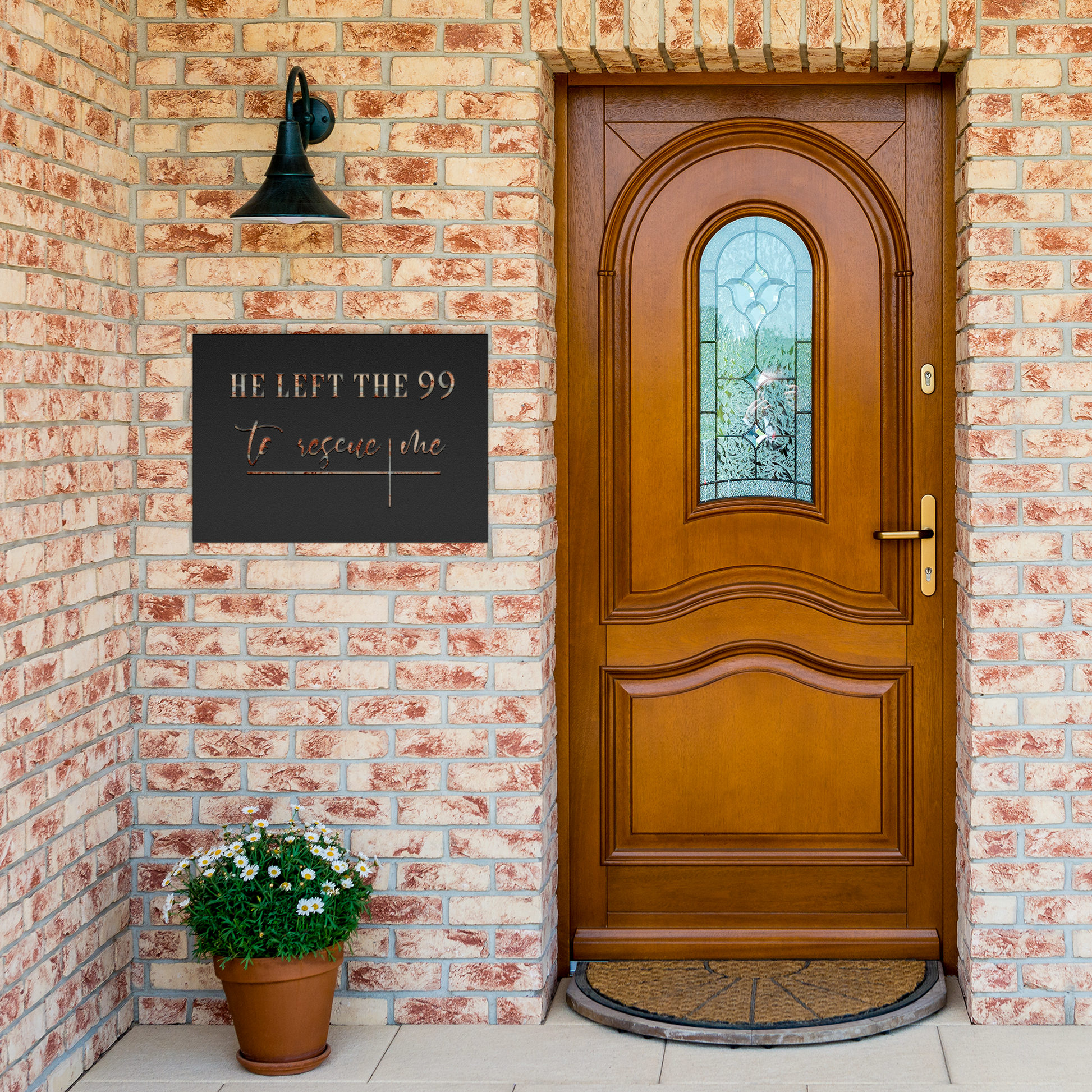 Christian_Metal_Wall_Art_He_Left_The_99_Black_Brick_Entrance_Mockup.png