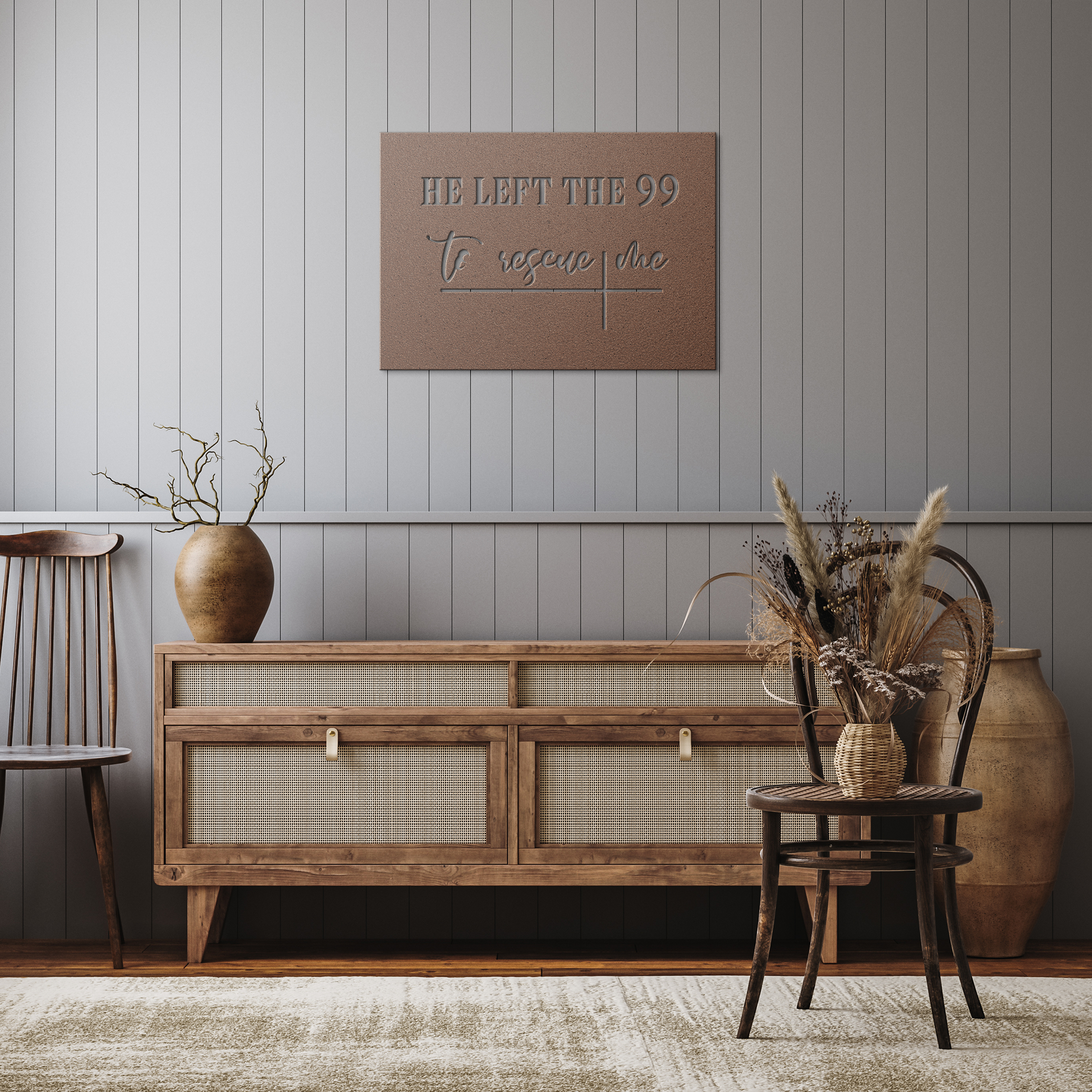 Christian_Metal_Wall_Art_He_Left_The_99_Copper_Rustic_Hallway_Mockup.png