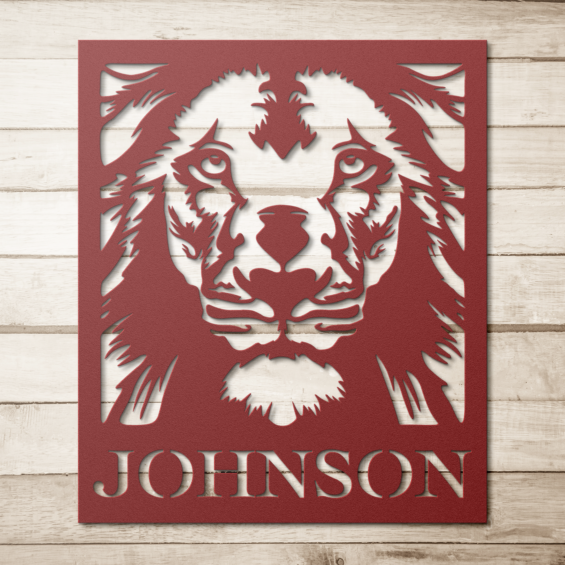 Lion_Welcome_Metal_Sign_Monogram_Red_Simple_Wood_BKGD_Mockup.png