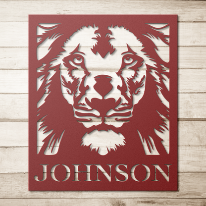 Lion_Welcome_Metal_Sign_Monogram_Red_Simple_Wood_BKGD_Mockup.png