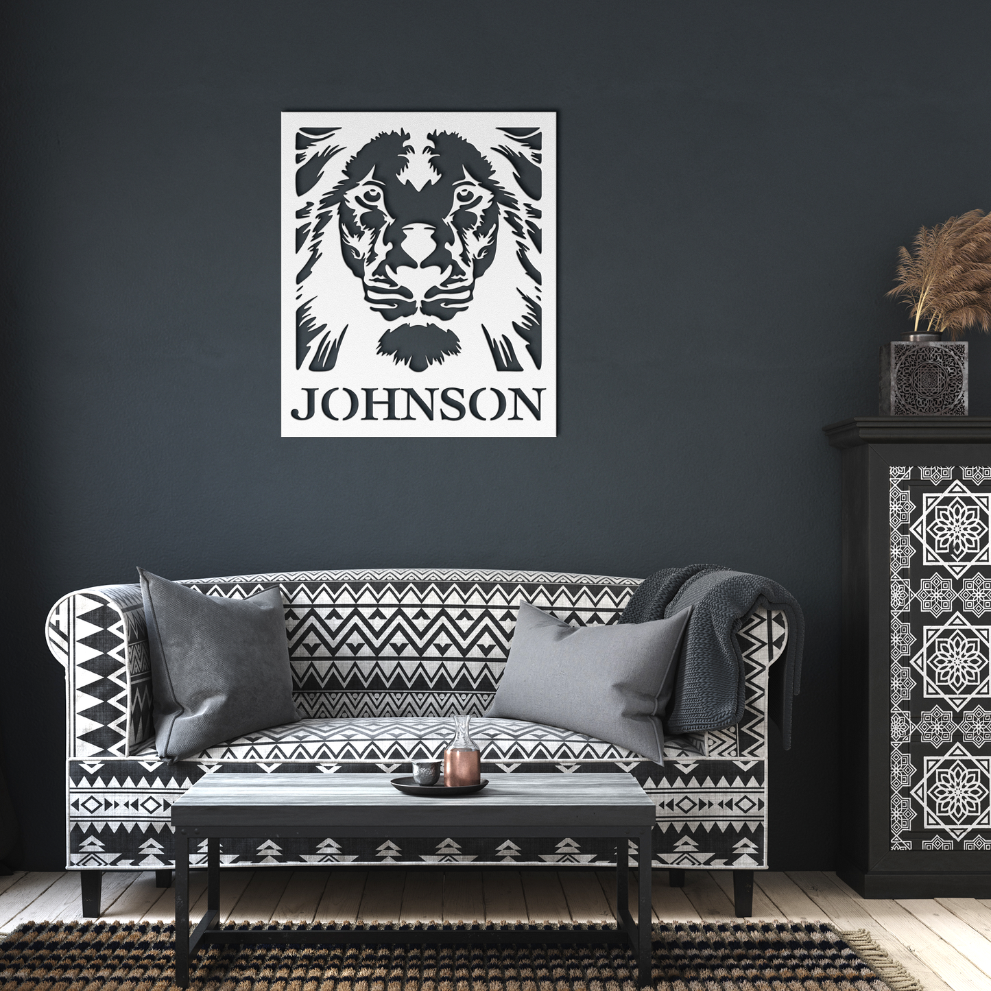 Lion_Welcome_Metal_Sign_Monogram_White_Dark_Living_Room_Mockup.png