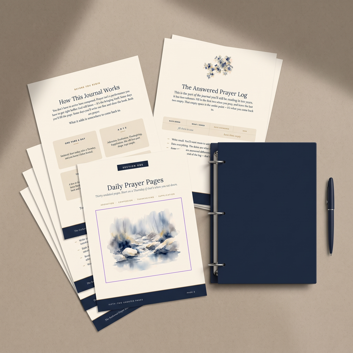 Printed pages of The Anchored Prayer Journal fanned out beside a binder