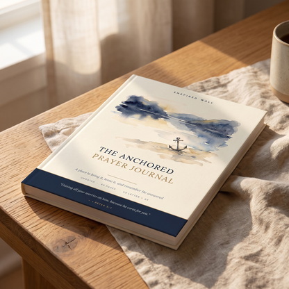 The Anchored Prayer Journal printed cover on a wooden desk in morning light